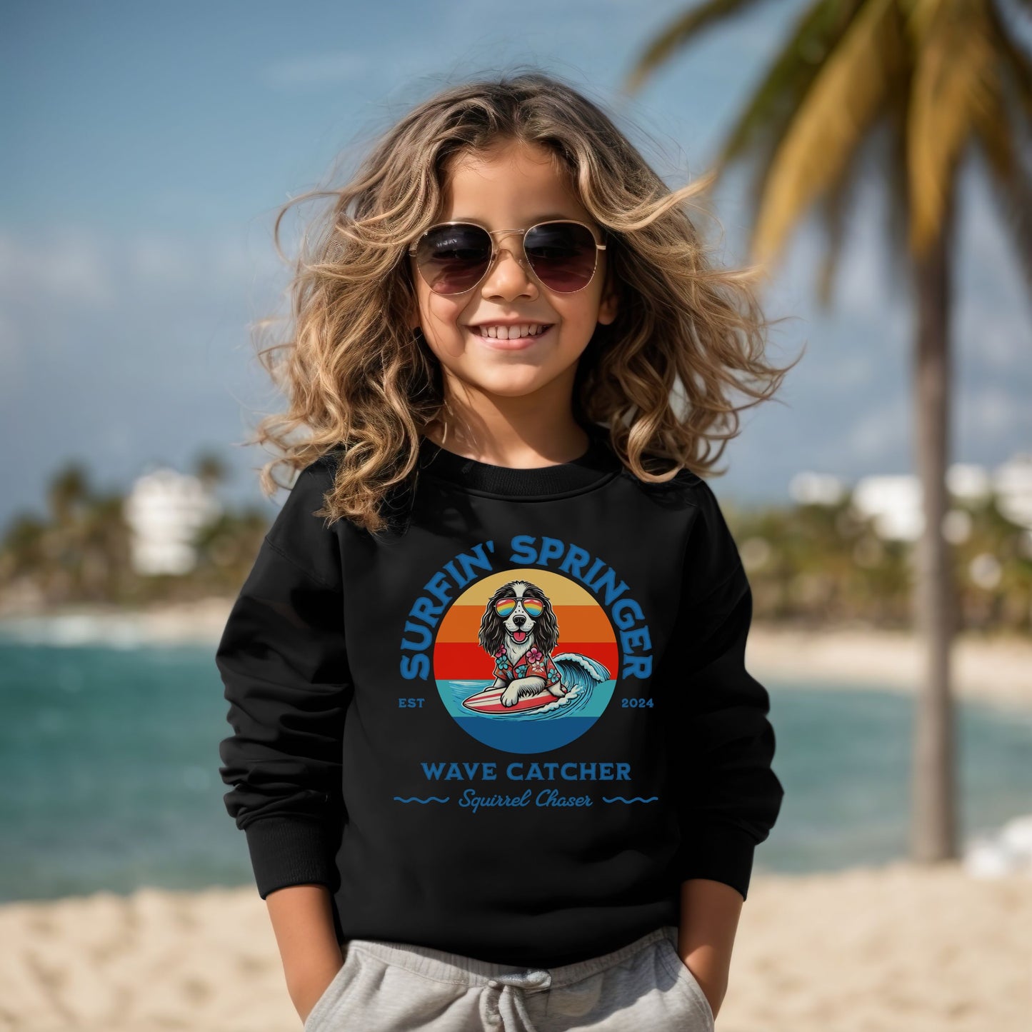 Surfin' Springer Wave Catcher, Squirrel Chaser Sweatshirt Youth