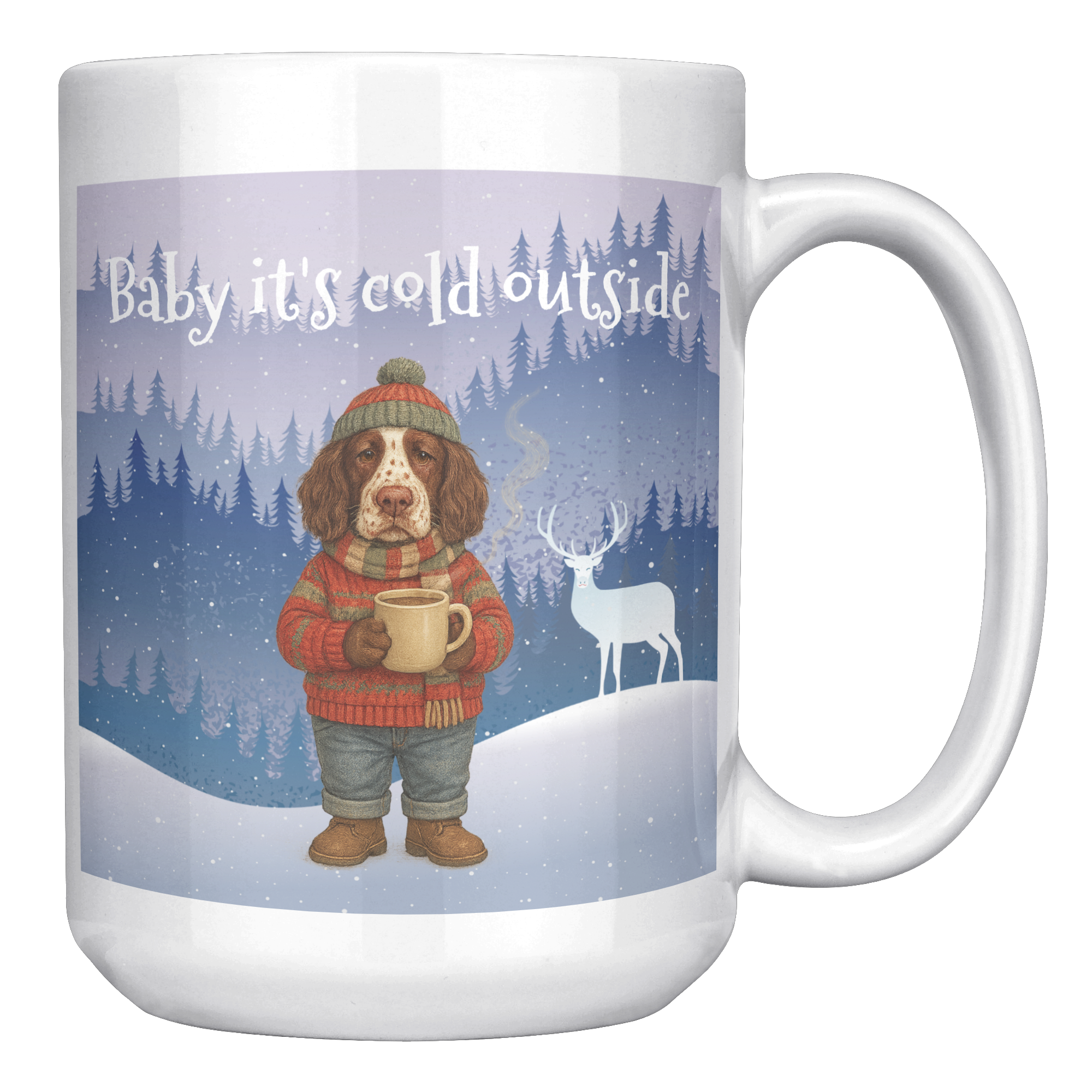 Personalized Dog in a Sweater 15oz Ceramic Mug w/phrase " Baby it's cold outside"