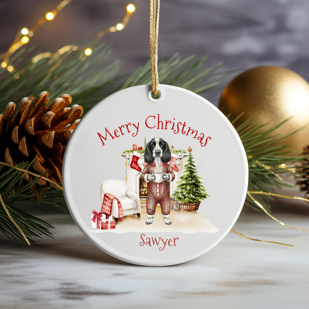 Cozy Dog in Pajamas Personalized Ceramic Ornament