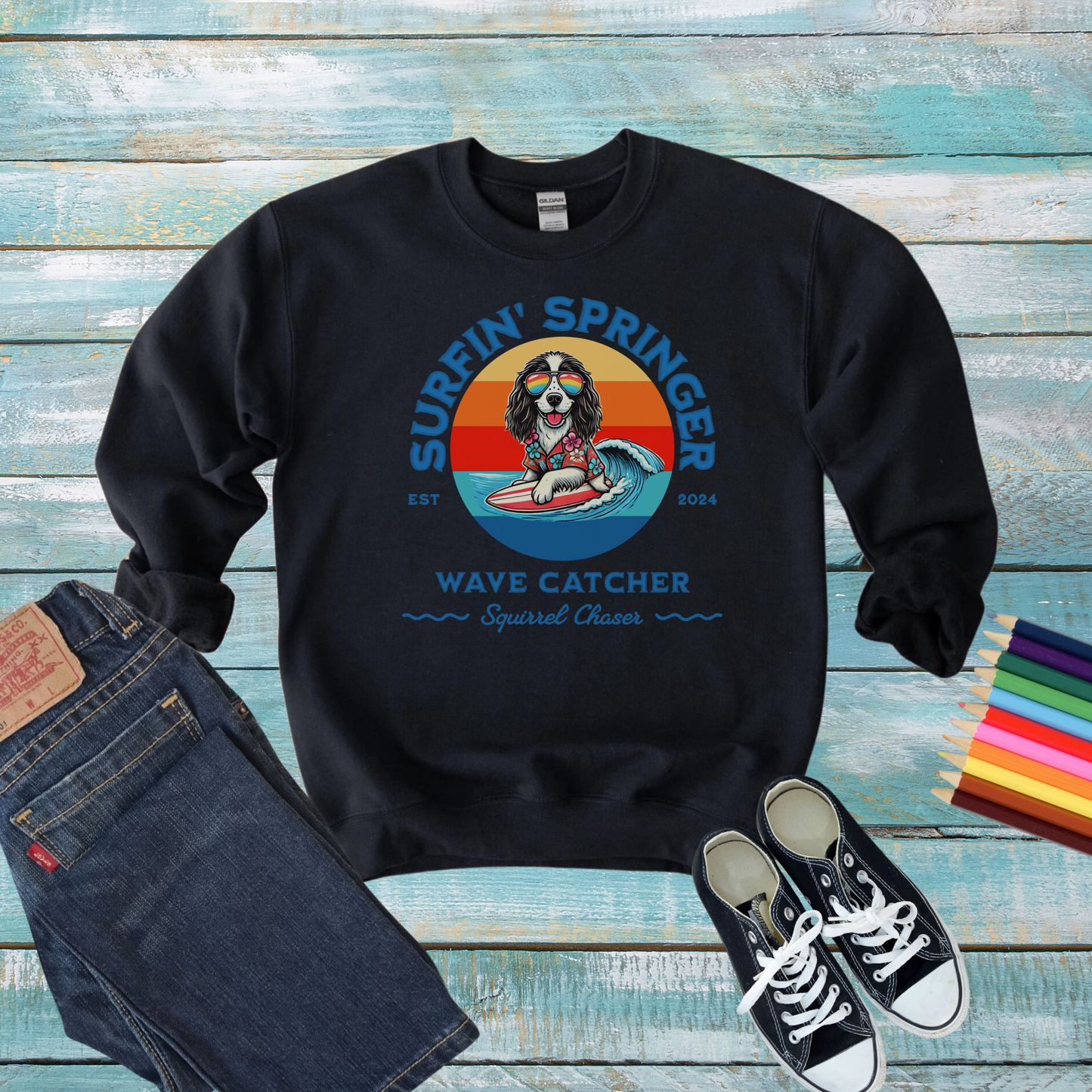 Surfin' Springer Wave Catcher, Squirrel Chaser Sweatshirt Youth