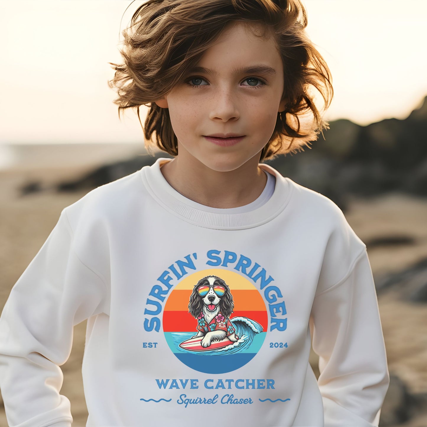 Surfin' Springer Wave Catcher, Squirrel Chaser Sweatshirt Youth