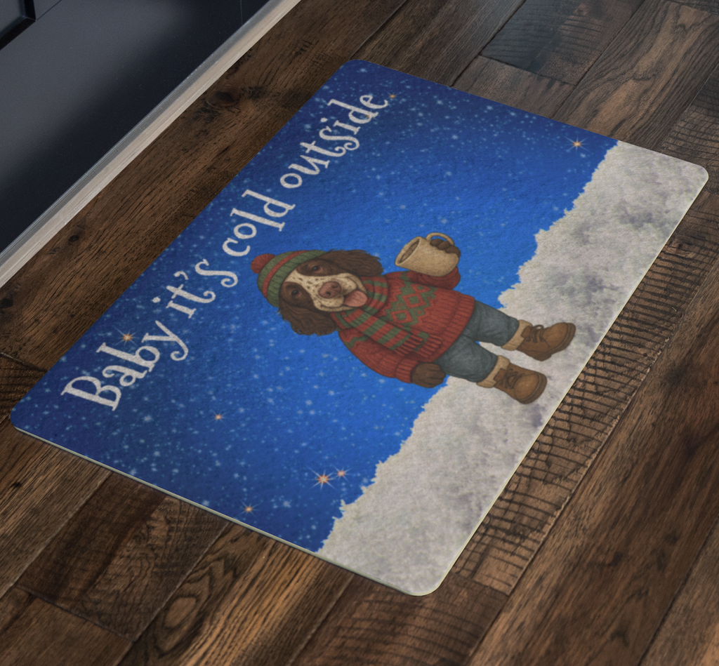 Personalized Doormat with a Dog Wearing a Sweater Drinking Cocoa