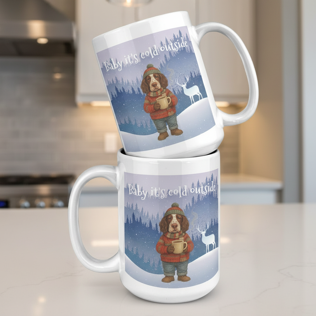 Personalized Dog in a Sweater 15oz Ceramic Mug w/phrase " Baby it's cold outside"