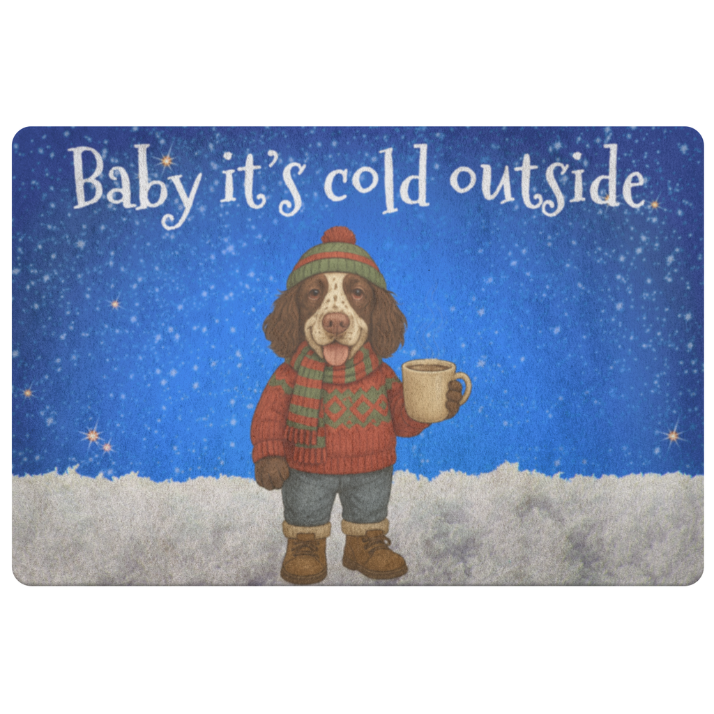 Personalized Doormat with a Dog Wearing a Sweater Drinking Cocoa