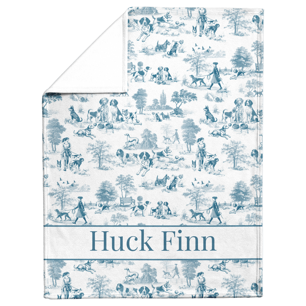 Blue Toile Dog Walker in the Park Design Personalized  Sherpa/Fleece Blanket 60x80