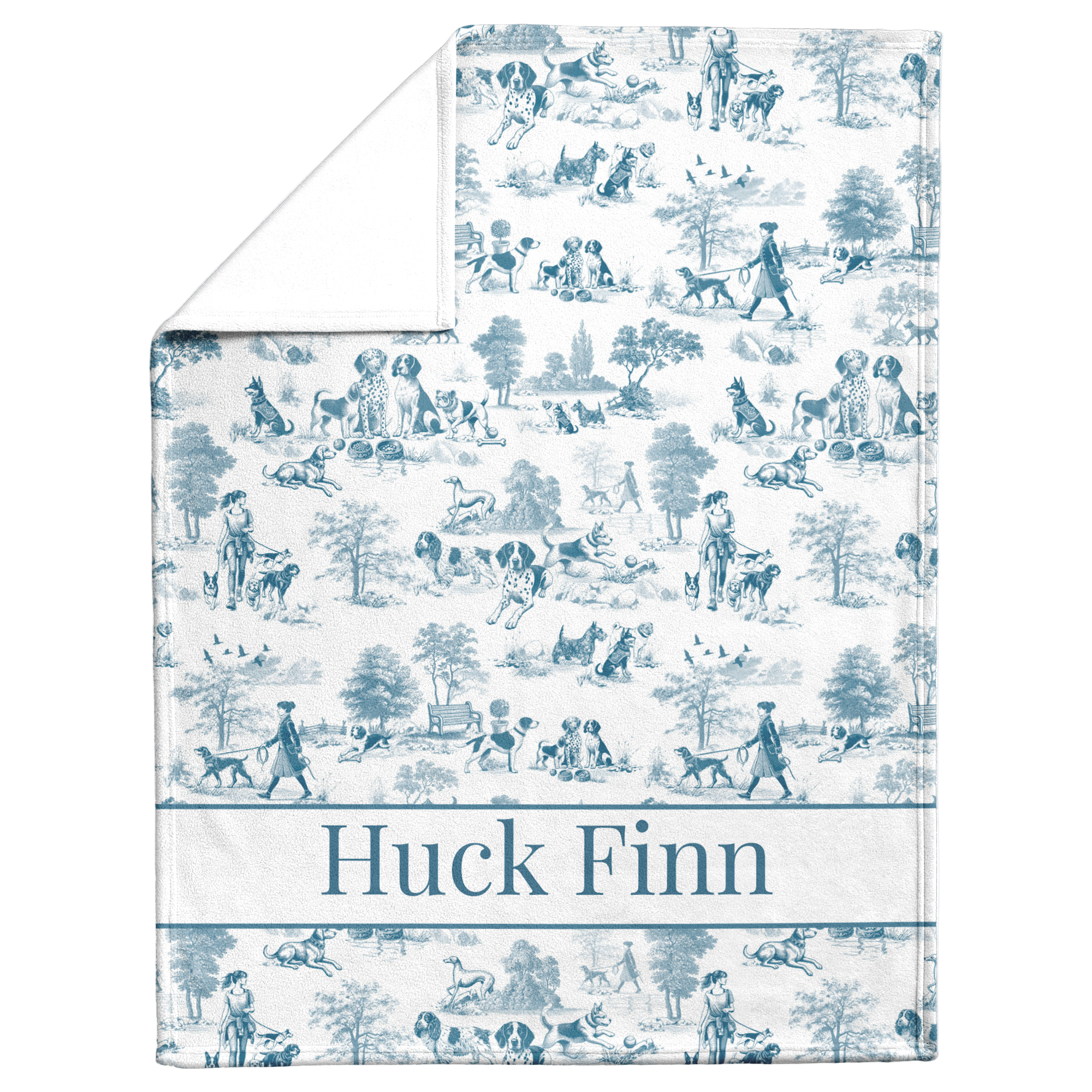 Blue Toile Dog Walker in the Park Design Personalized  Sherpa/Fleece Blanket 60x80