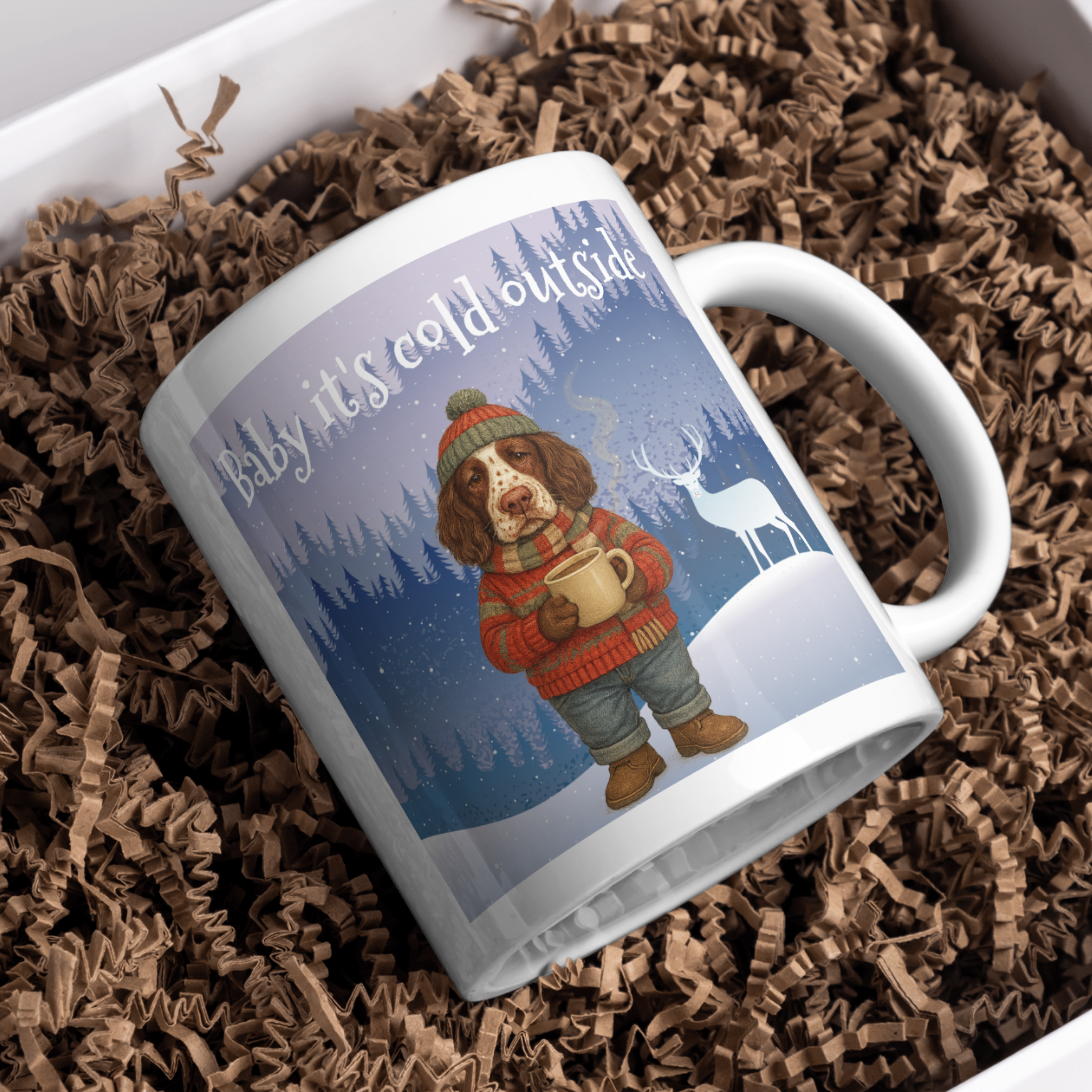 Personalized Dog in a Sweater 15oz Ceramic Mug w/phrase " Baby it's cold outside"