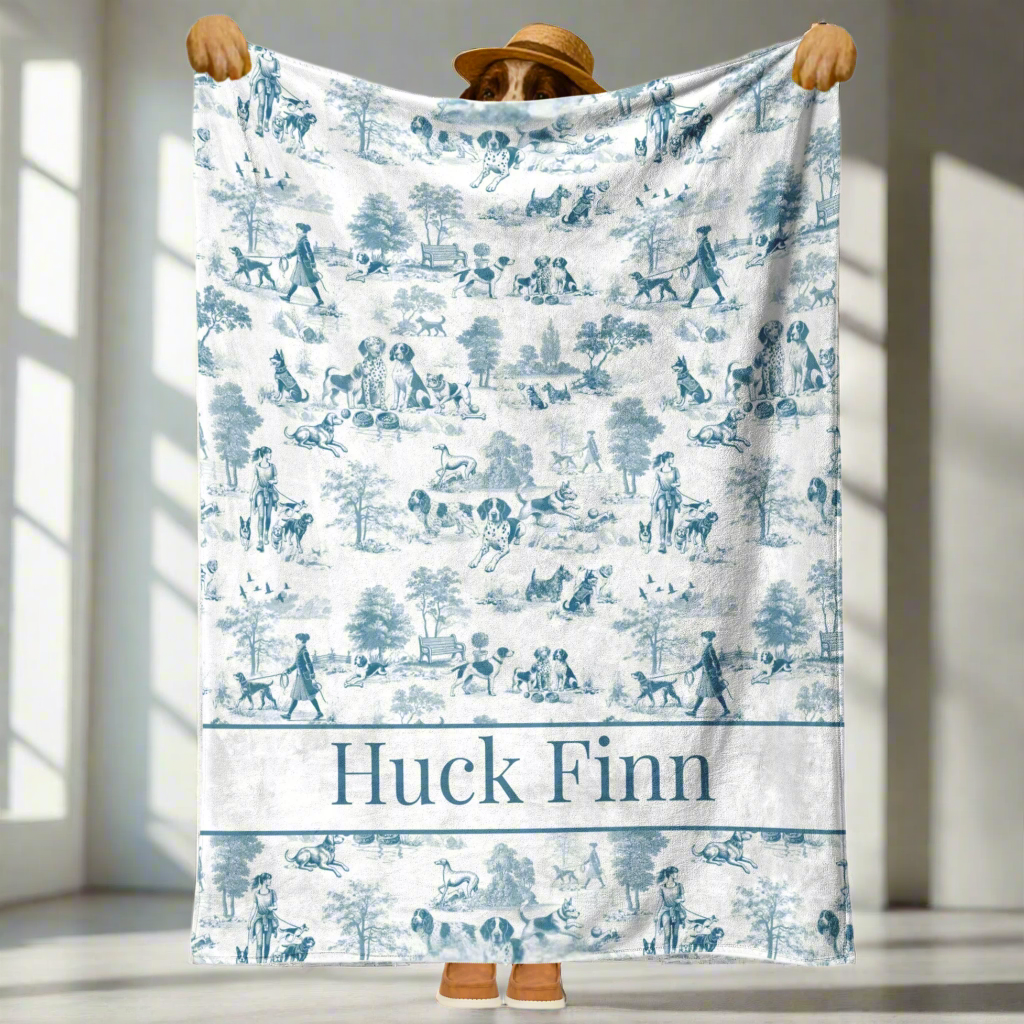 Blue Toile Dog Walker in the Park Design Personalized  Sherpa/Fleece Blanket 60x80