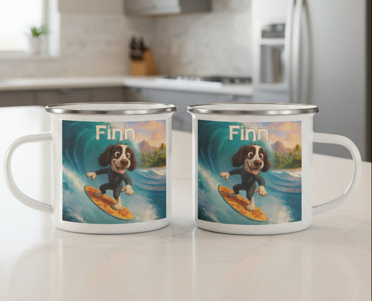 12oz Personalized  3D Cartoon Surfing Dog Camping Mug (Front/Back)