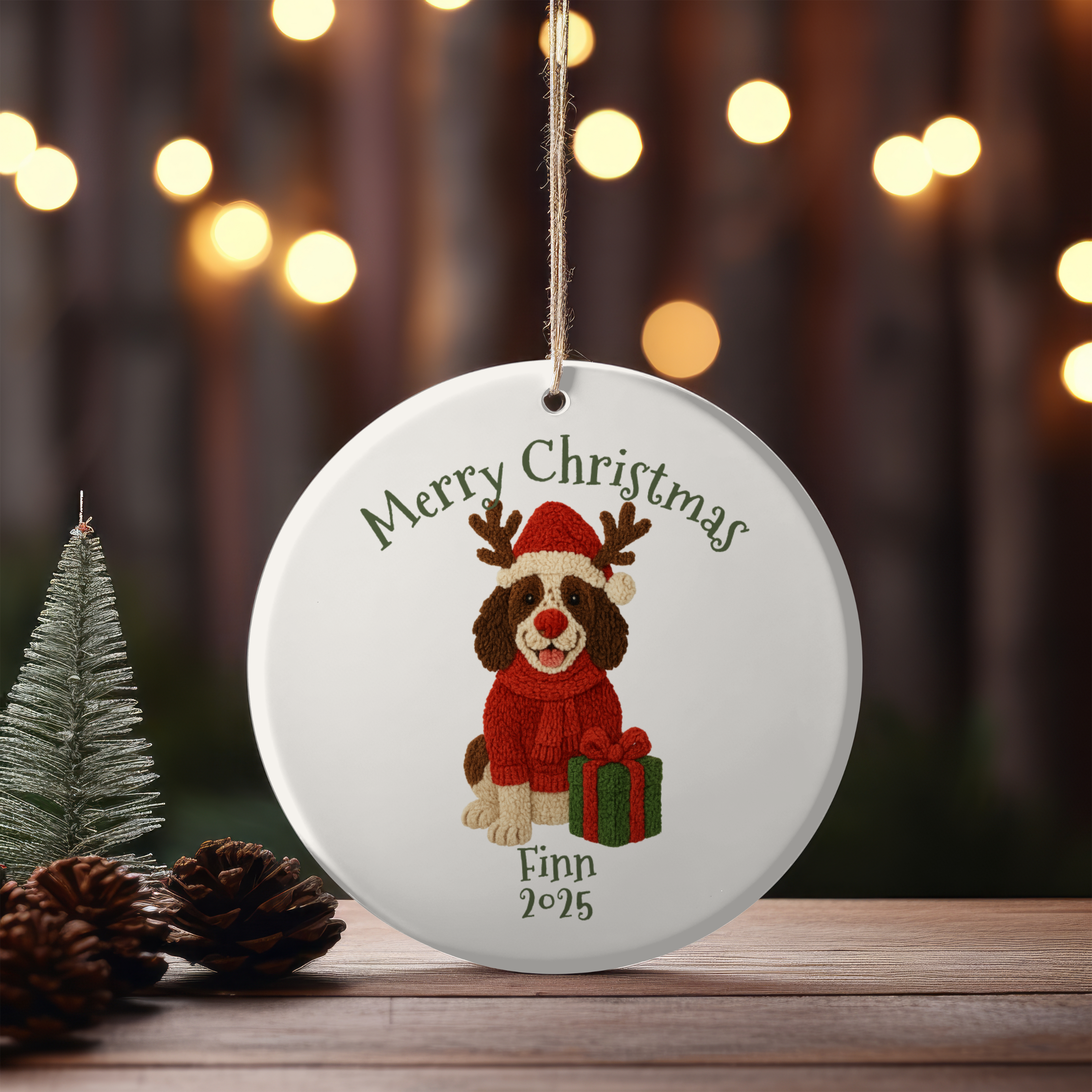 Personalized Crochet Dog Design Round Ceramic Christmas Ornament