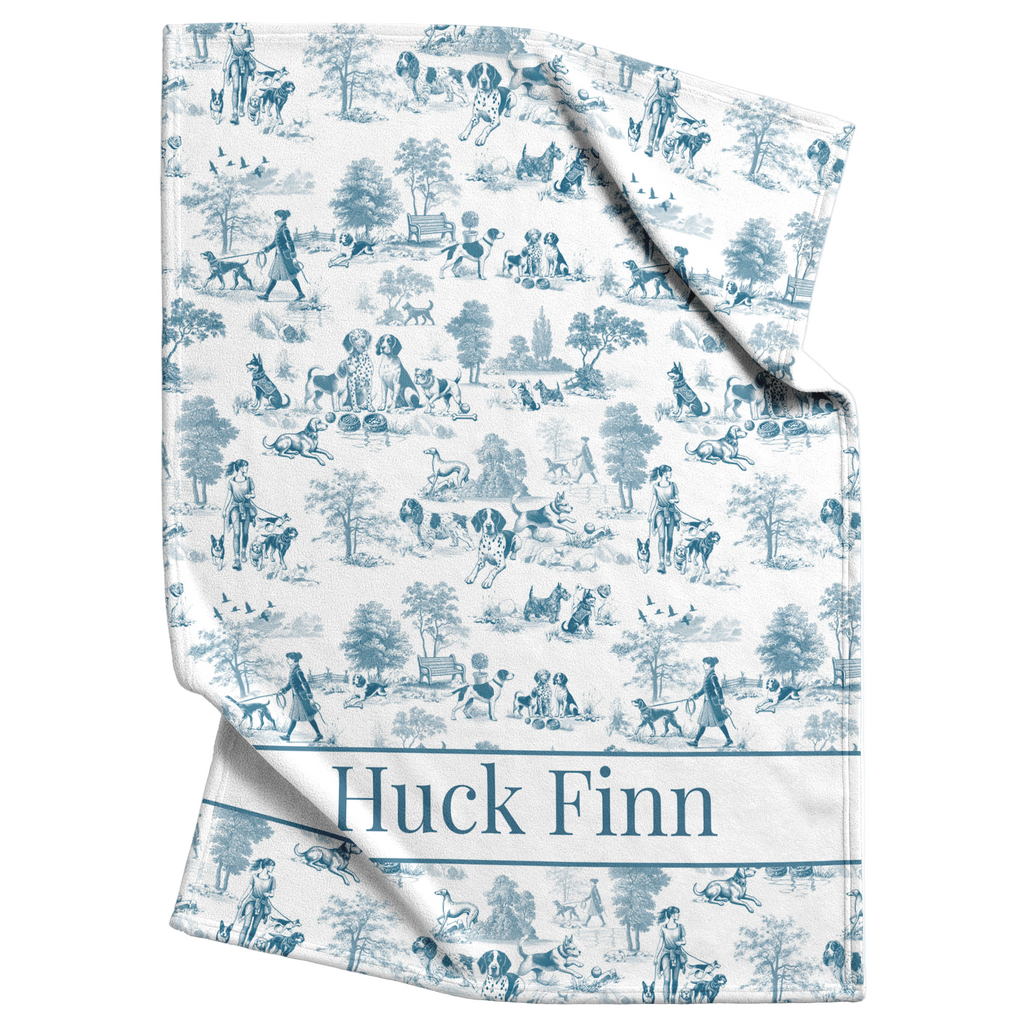 Blue Toile Dog Walker in the Park Design Personalized  Sherpa/Fleece Blanket 60x80
