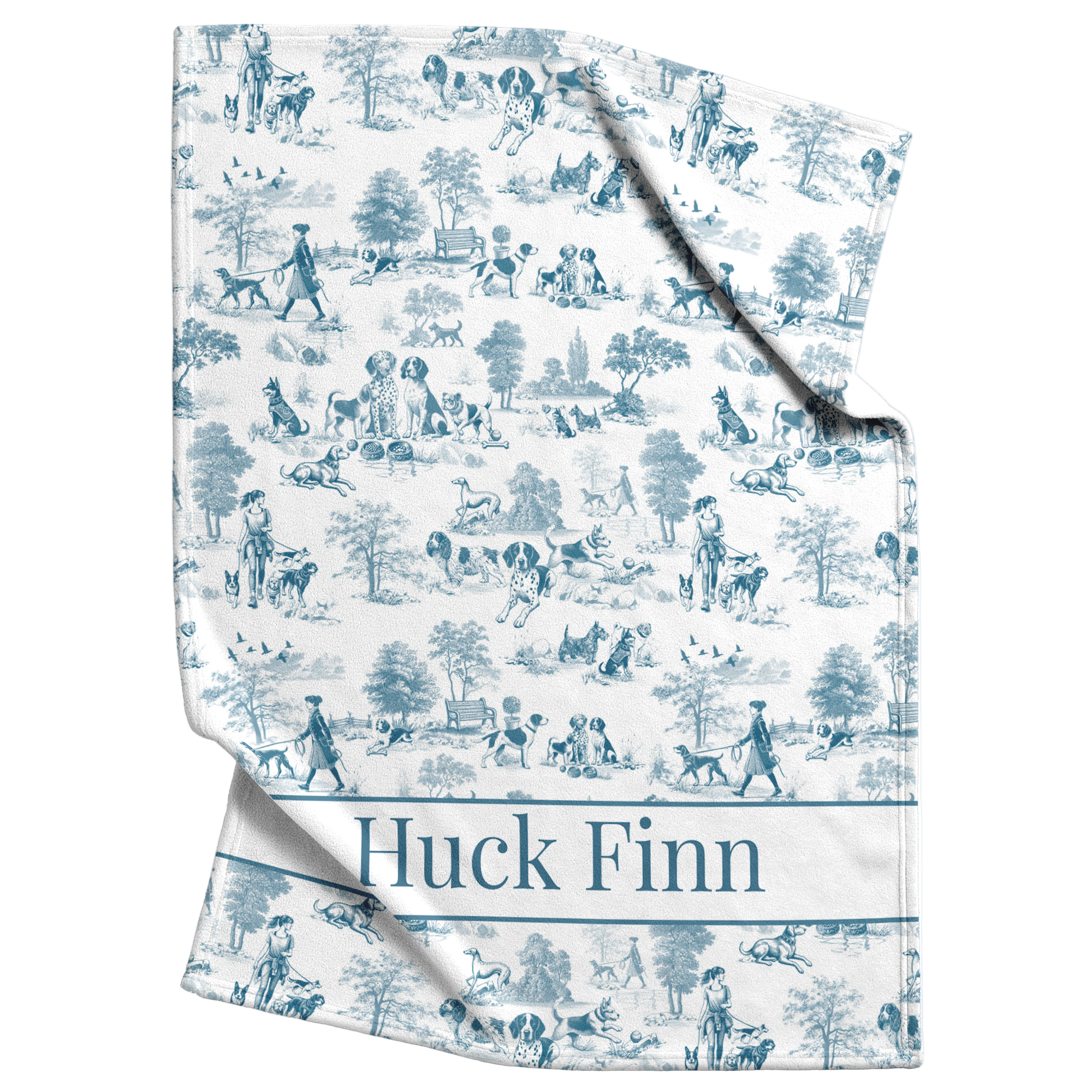 Blue Toile Dog Walker in the Park Design Personalized  Sherpa/Fleece Blanket 60x80