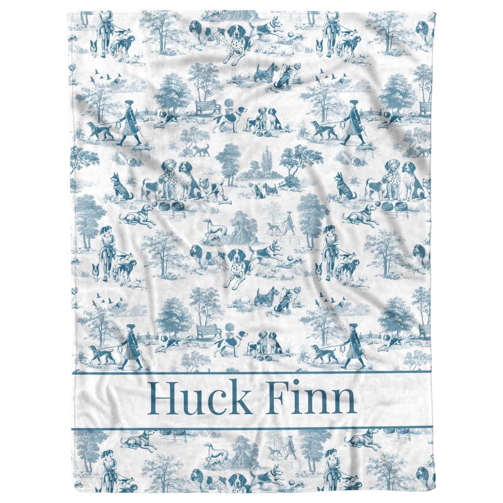 Blue Toile Dog Walker in the Park Design Personalized  Sherpa/Fleece Blanket 60x80