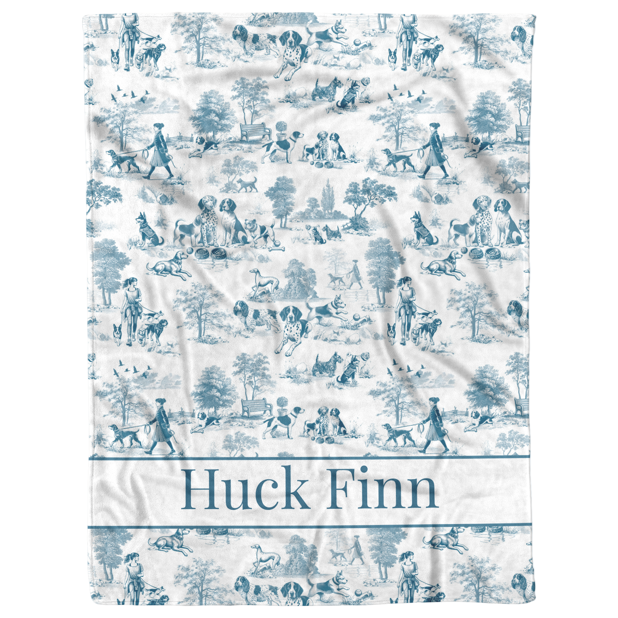 Blue Toile Dog Walker in the Park Design Personalized  Sherpa/Fleece Blanket 60x80