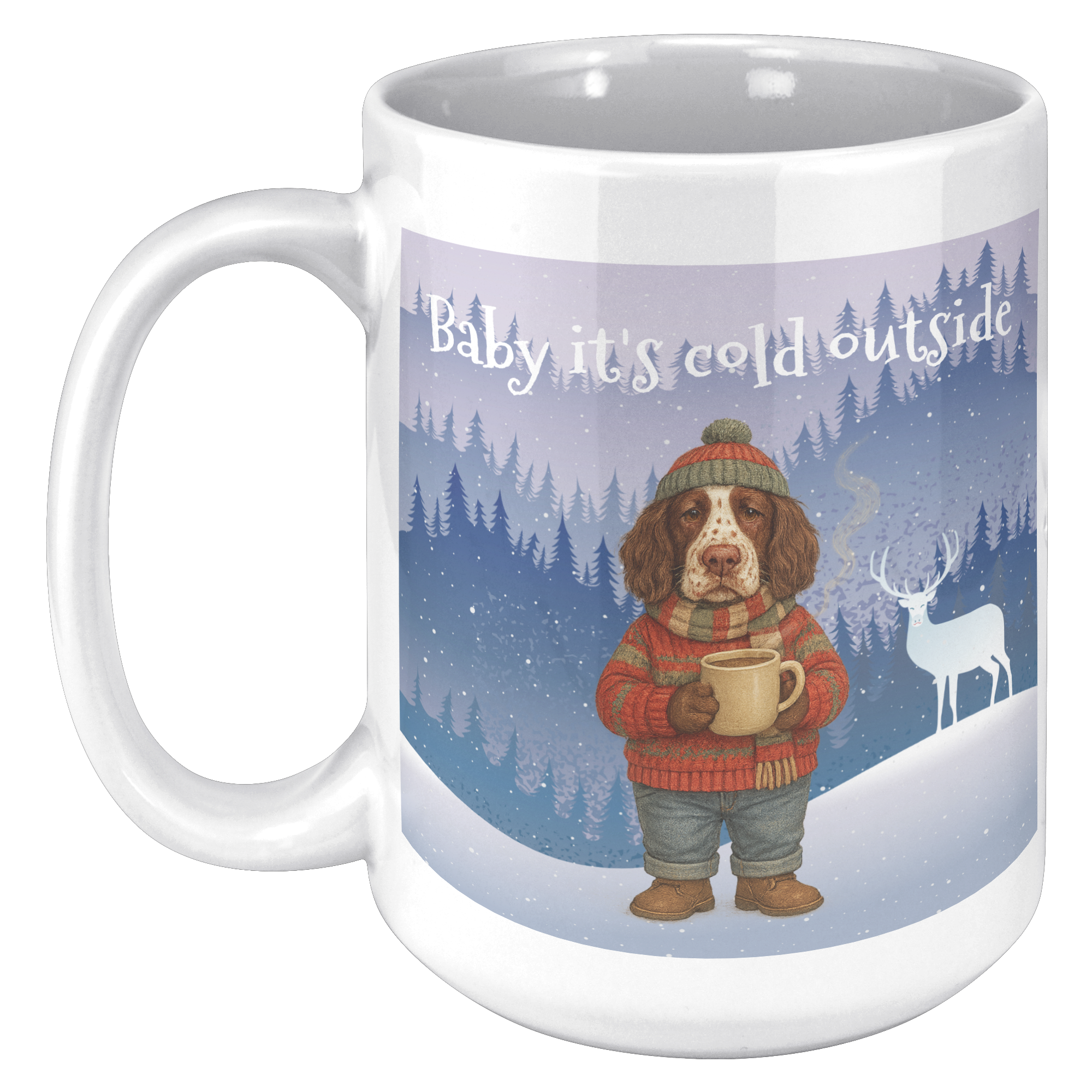 Personalized Dog in a Sweater 15oz Ceramic Mug w/phrase " Baby it's cold outside"