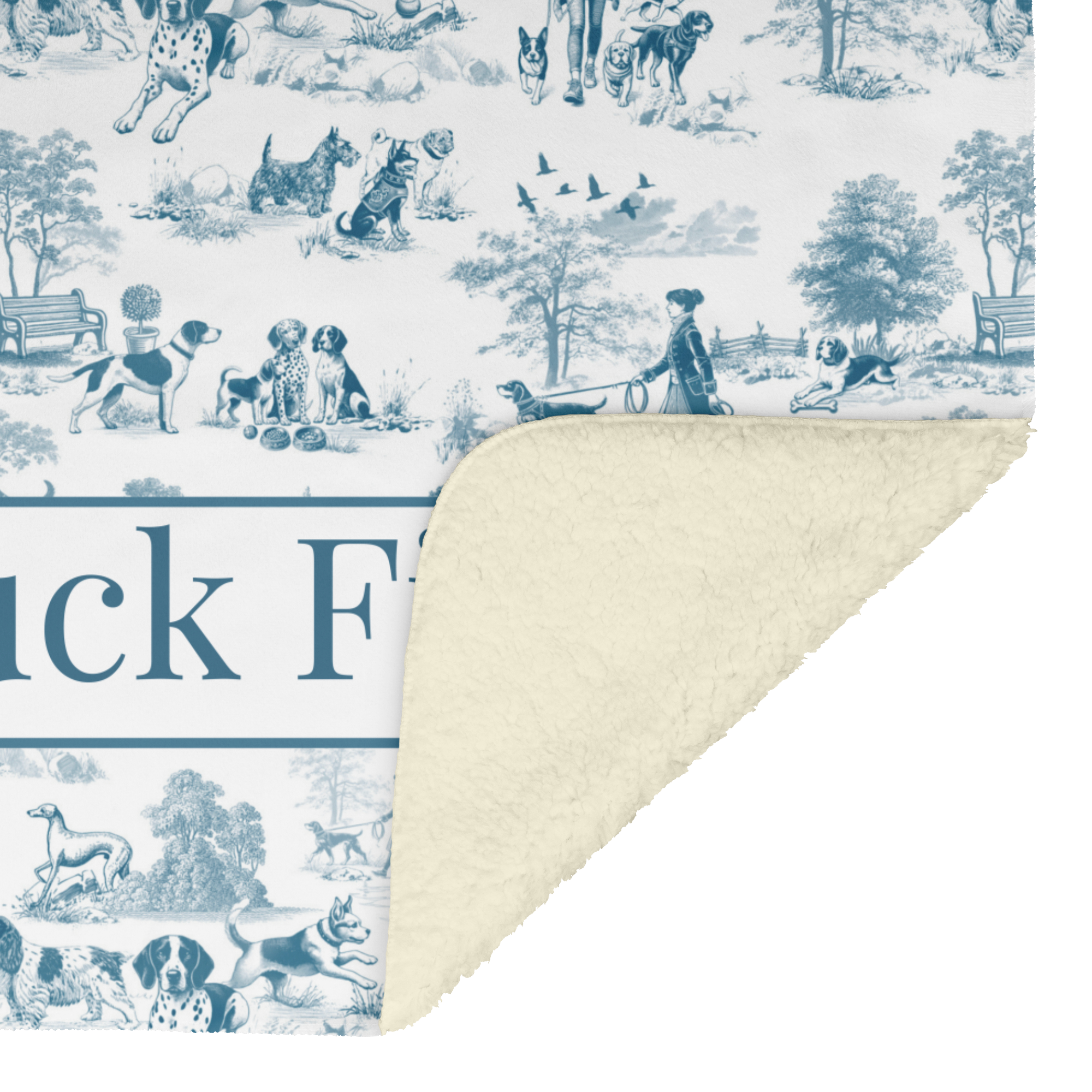 Blue Toile Dog Walker in the Park Design Personalized  Sherpa/Fleece Blanket 60x80